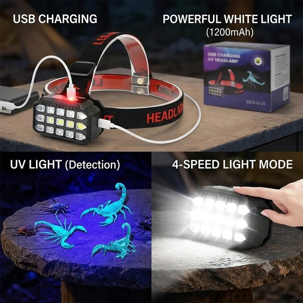 مصباح رأس LED قابل لإعادة الشحن مع خاصية الأشعة فوق البنفسجية SQ-818-UV