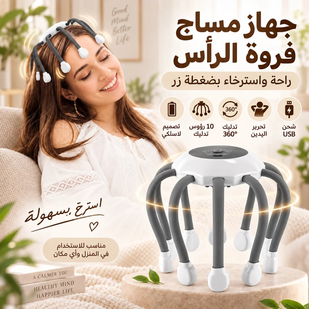 جهاز تدليك فروة الرأس لاسلكي مزود بـ 10 نقاط اهتزاز، متعدد الترددات، قابل لإعادة الشحن عبر منفذ USB
