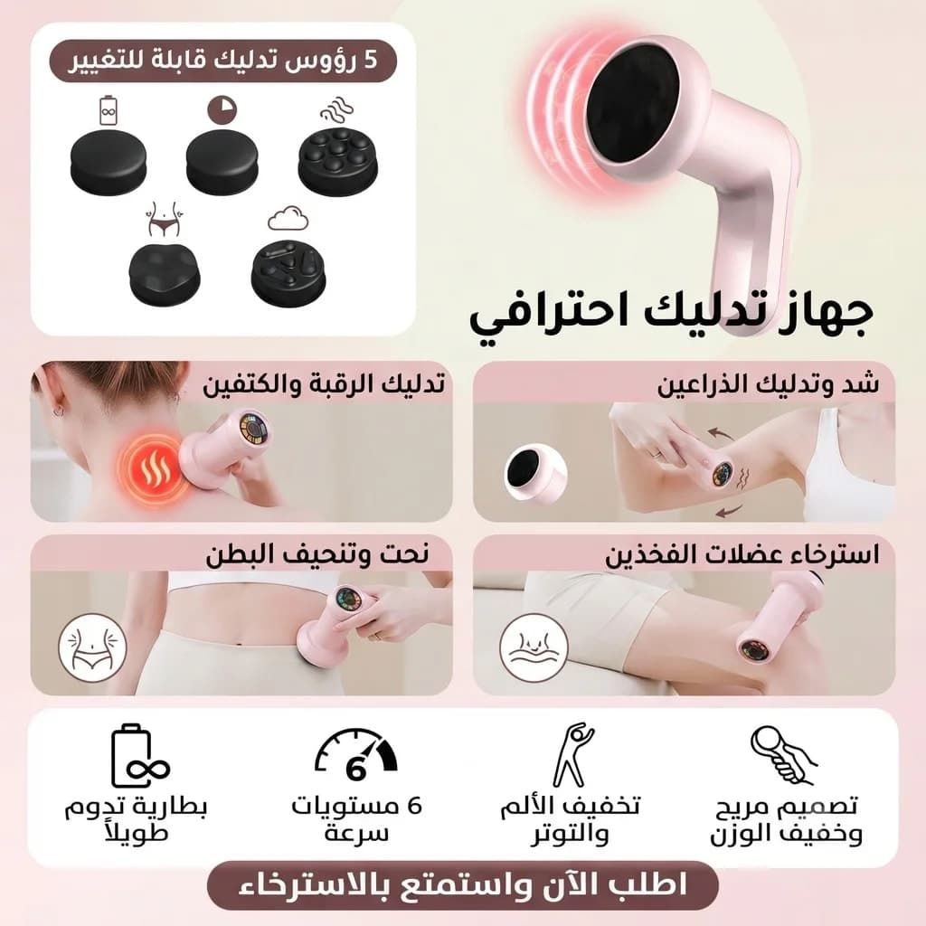 جهاز تدليك الأنسجة العميقة لكامل الجسم، جهاز تدليك محمول قابل لإعادة الشحن، ستة أوضاع سرعة مع خمسة رؤوس تدليك