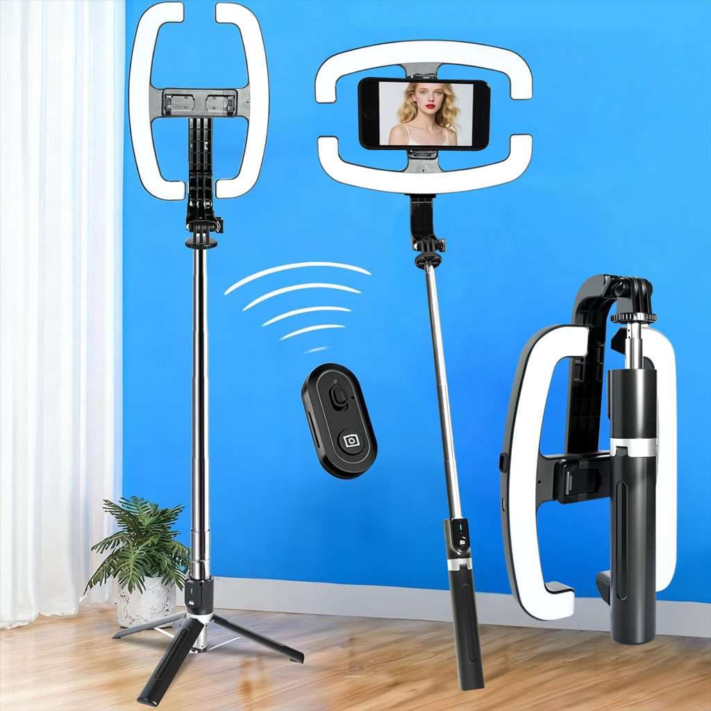 Perche à Selfie Extensible avec Support pour Téléphone et Lampe LED – عصا سيلفي مع إضاءة مدمجة ويد تحكم